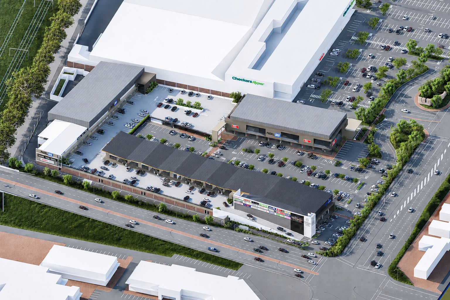 Aerial view of Queens Cross adjacent to Checkers Hyper